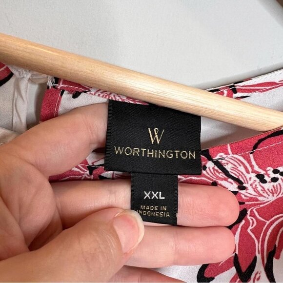 Worthington Womens Size XXL Pink Floral Asymmetrical Short Sleeve Blouse Top - Picture 6 of 10